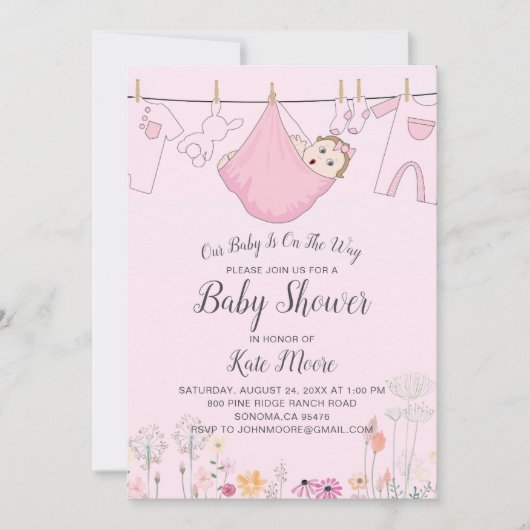 ピンクベビーガールベビーバンドルシャワー招待状 招待状 (正面)