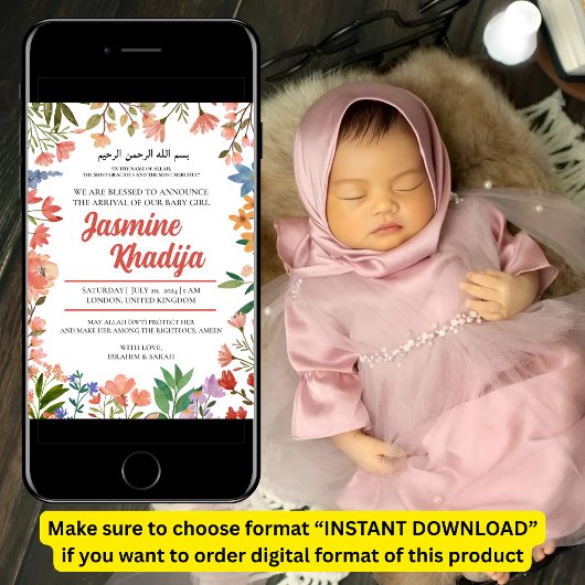 ピンクベビーガールワイルドフラワームスリム誕生アナウンセメン 招待状