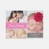 ピンクベビーガール名誕生日付スタッカスタムト写真 フリースブランケット (正面(横))