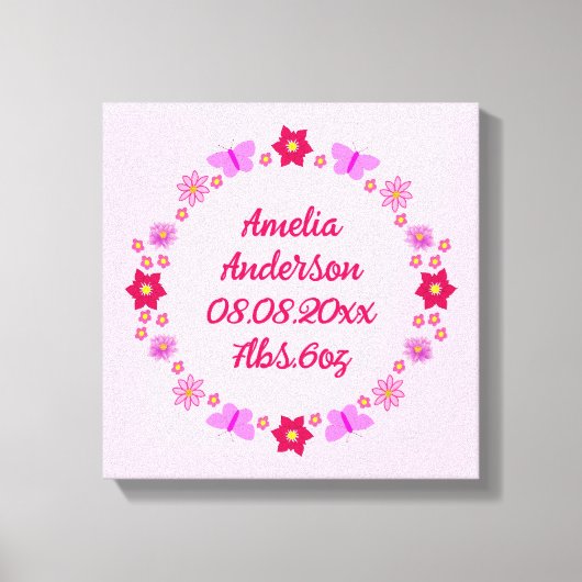 ピンクベビーガール蝶と花カスタム誕生 キャンバスプリント (正面)