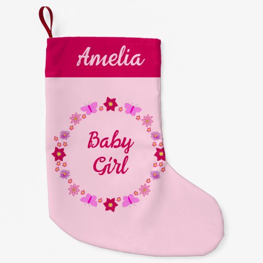 ピンクベビーガール蝶と花名前をカスタムする スモールクリスマスストッキング (正面)
