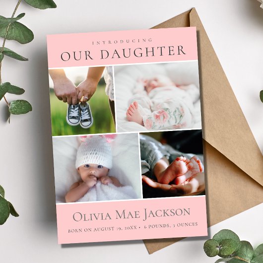 ピンクベビーガール4フォトコラージュ誕生 案内状