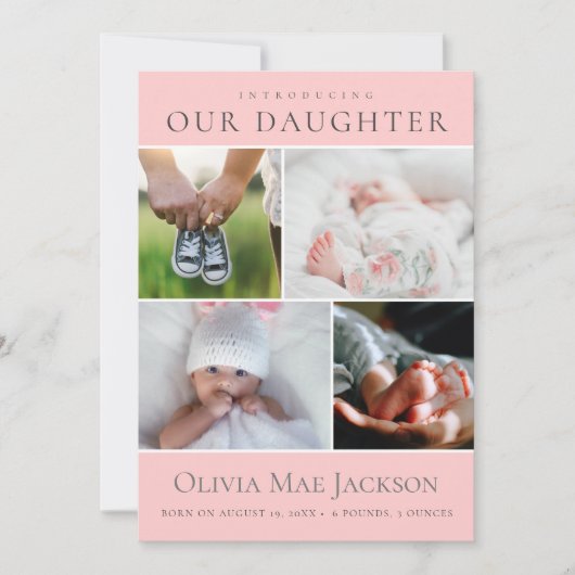 ピンクベビーガール4フォトコラージュ誕生 案内状 (正面)