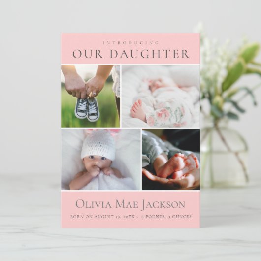 ピンクベビーガール4フォトコラージュ誕生 案内状 (スタンド正面)