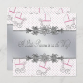 ピンクベビーキャリッジベビーガールプリンセスシャワー 招待状 (正面/裏面)