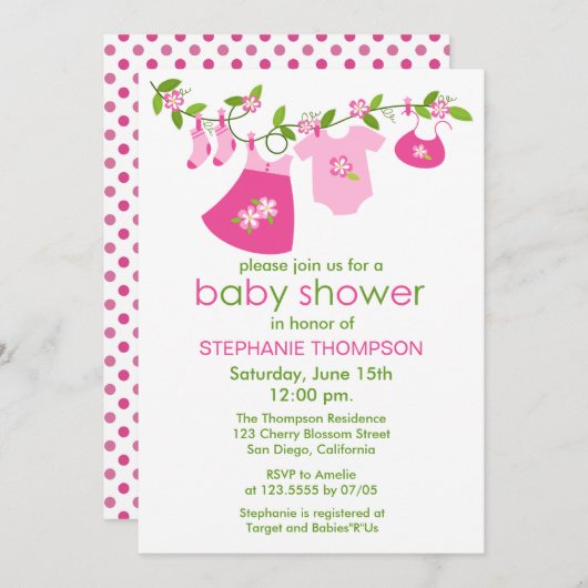 ピンクベビークロステラインベビーシャワー招待状 招待状 (正面/裏面)