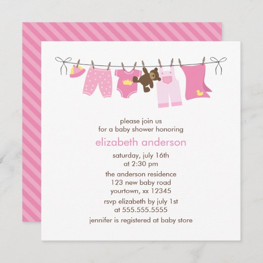 ピンクベビークロスラインガールベビーシャワー 招待状 (正面/裏面)