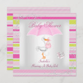 ピンクベビーシャワーガールアンブレラキャンディストライプ 招待状 (正面/裏面)
