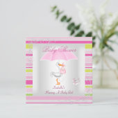 ピンクベビーシャワーガールアンブレラキャンディストライプ 招待状 (スタンド正面)