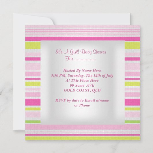 ピンクベビーシャワーガールアンブレラキャンディストライプ 招待状 (裏面)