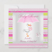 ピンクベビーシャワーガールアンブレラキャンディストライプ 招待状 (正面)