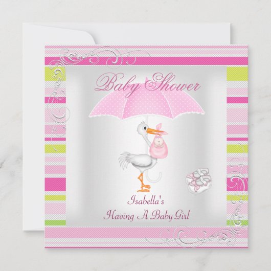 ピンクベビーシャワーガールアンブレラキャンディストライプ 招待状 (正面)