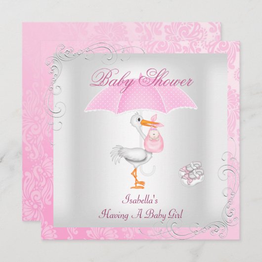 ピンクベビーシャワーガールアンブレラダマスク 招待状 (正面/裏面)