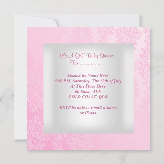 ピンクベビーシャワーガールアンブレラダマスク 招待状 (裏面)