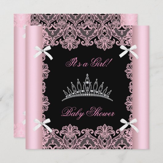 ピンクベビーシャワーガールプリンセスティアラブラックレース 招待状 (正面/裏面)