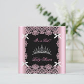 ピンクベビーシャワーガールプリンセスティアラブラックレース 招待状 (スタンド正面)