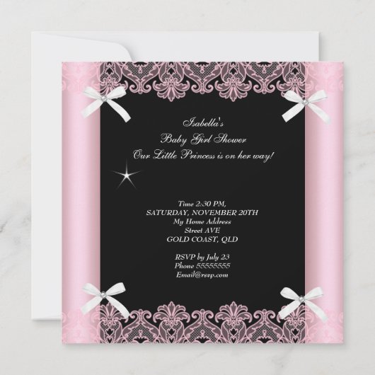 ピンクベビーシャワーガールプリンセスティアラブラックレース 招待状 (裏面)