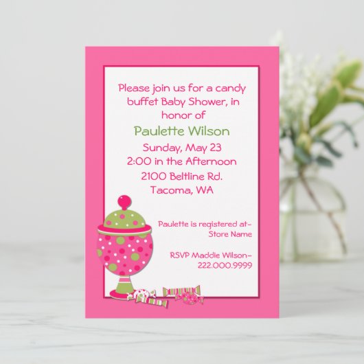 ピンクベビーシャワーキャンディビュッフェ招待状 招待状 (スタンド正面)