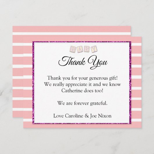 ピンクベビーシャワーサンキューカード 招待状 (正面/裏面)