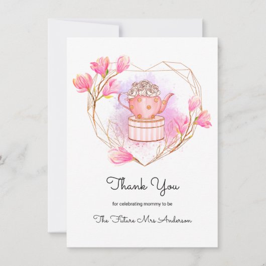ピンクベビーシャワーティーパーティーありがとうフローラカード サンキューカード (正面)