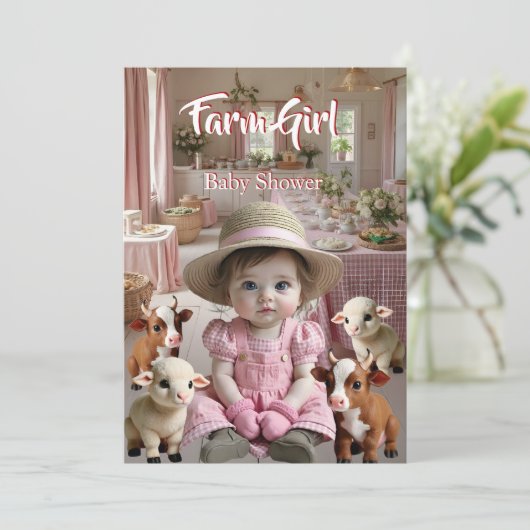 ピンクベビーシャワーファームハウスアニマルズファーム 招待状 (スタンド正面)