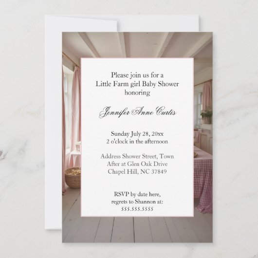 ピンクベビーシャワーファームハウスアニマルズファーム 招待状 (裏面)