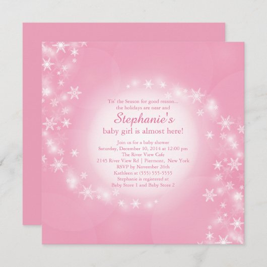 ピンクベビーシャワー招待状冬の雪片 招待状 (正面/裏面)