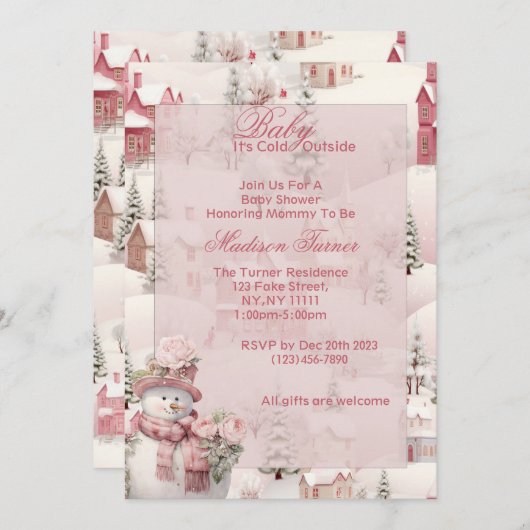 ピンクベビーシャワー招待状 – 冬テーマ 招待状 (正面/裏面)