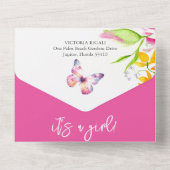 ピンクベビーシャワー招待状 | 花と蝶 オールインワン招待状 (裏面)