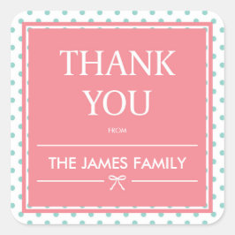 ピンクベビーシャワー水玉模様&リボンありがとう スクエアシール