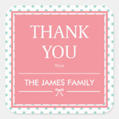 ピンクベビーシャワー水玉模様&リボンありがとう スクエアシール (正面)