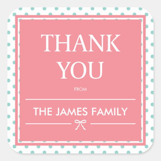 ピンクベビーシャワー水玉模様&リボンありがとう スクエアシール (正面)
