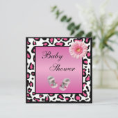 ピンクベビーシューズゲルベラ&アニマルプリントベビーシャワー 招待状 (スタンド正面)