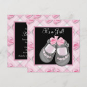 ピンクベビーシューズピンクブラックベビーガールシャワー 招待状 (正面/裏面)