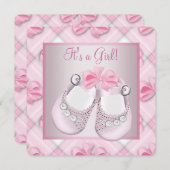 ピンクベビーシューズピンク赤ちゃんガールシャワー 招待状 (正面/裏面)