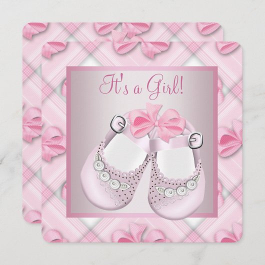 ピンクベビーシューズピンク赤ちゃんガールシャワー 招待状 (正面/裏面)