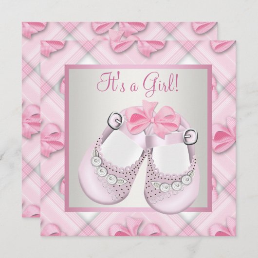 ピンクベビーシューズピンク赤ちゃんガールシャワー 招待状 (正面/裏面)