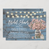 ピンクベビーズブレスジャールダスティーブルーブライダルシャワー 招待状 (正面/裏面)