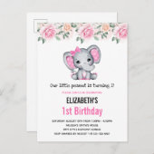 ピンクベビーゾウとバラ縁ど誕生日 インビテーションポストカード (正面/裏面)