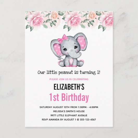 ピンクベビーゾウとバラ縁ど誕生日 インビテーションポストカード (正面)