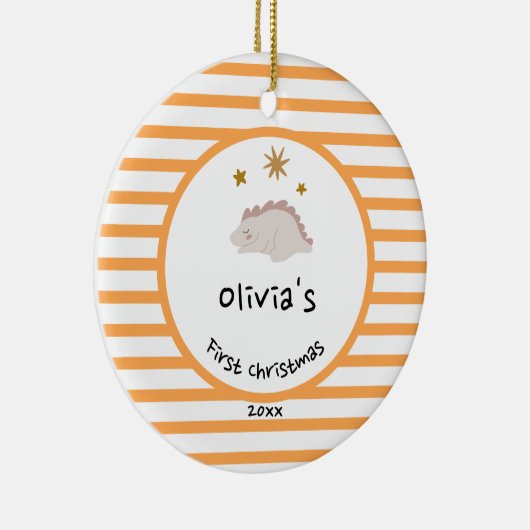 ピンクベビーディノ |初めてのクリスマスオレンジストライプ色 セラミックオーナメント (右)