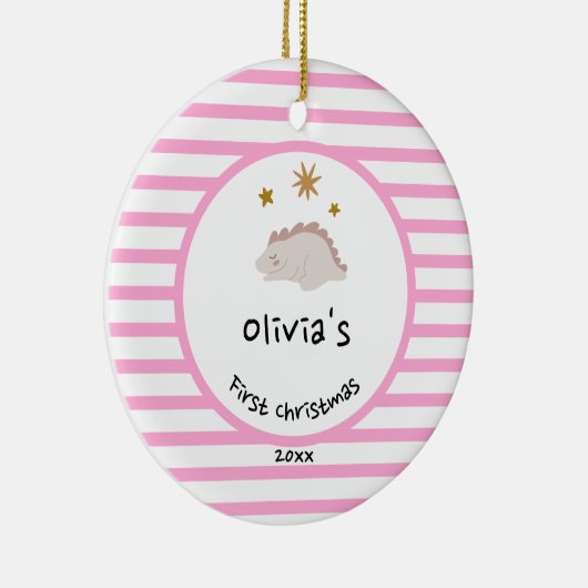 ピンクベビーディノ |初めてのクリスマスピンクストライプシック セラミックオーナメント (右)