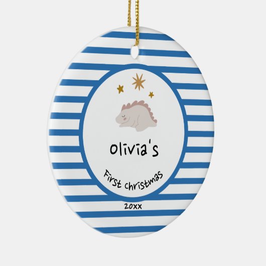ピンクベビーディノ |初めてのクリスマスブルーストライプシック セラミックオーナメント (右)