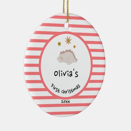 ピンクベビーディノ |初めてのクリスマスレッドストライプシック セラミックオーナメント (右)