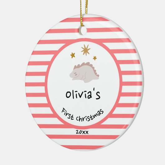 ピンクベビーディノ |初めてのクリスマスレッドストライプシック セラミックオーナメント (左)