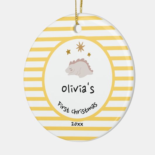 ピンクベビーディノ |初めてのクリスマス黄ストライプ色 セラミックオーナメント (左)