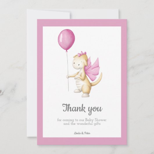 ピンクベビードラゴンとバルーンガール赤ちゃんシャワー サンキューカード (正面)