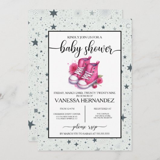 ピンクベビーハイトップス赤ちゃんシャワー 招待状 (正面/裏面)
