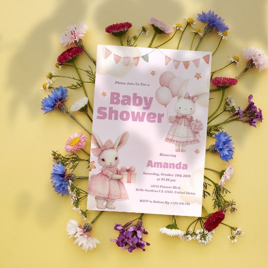 ピンクベビーバニーシャワー招待状 招待状