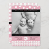 ピンクベビーバーズレースツインガールズ誕生のお知らせ 案内状 (正面/裏面)